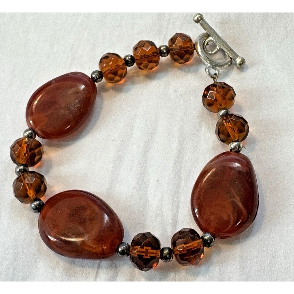 Amber Glass and Carnelian Style Stone Beaded Toggle Bracelet‎ Burnt Orange 7in